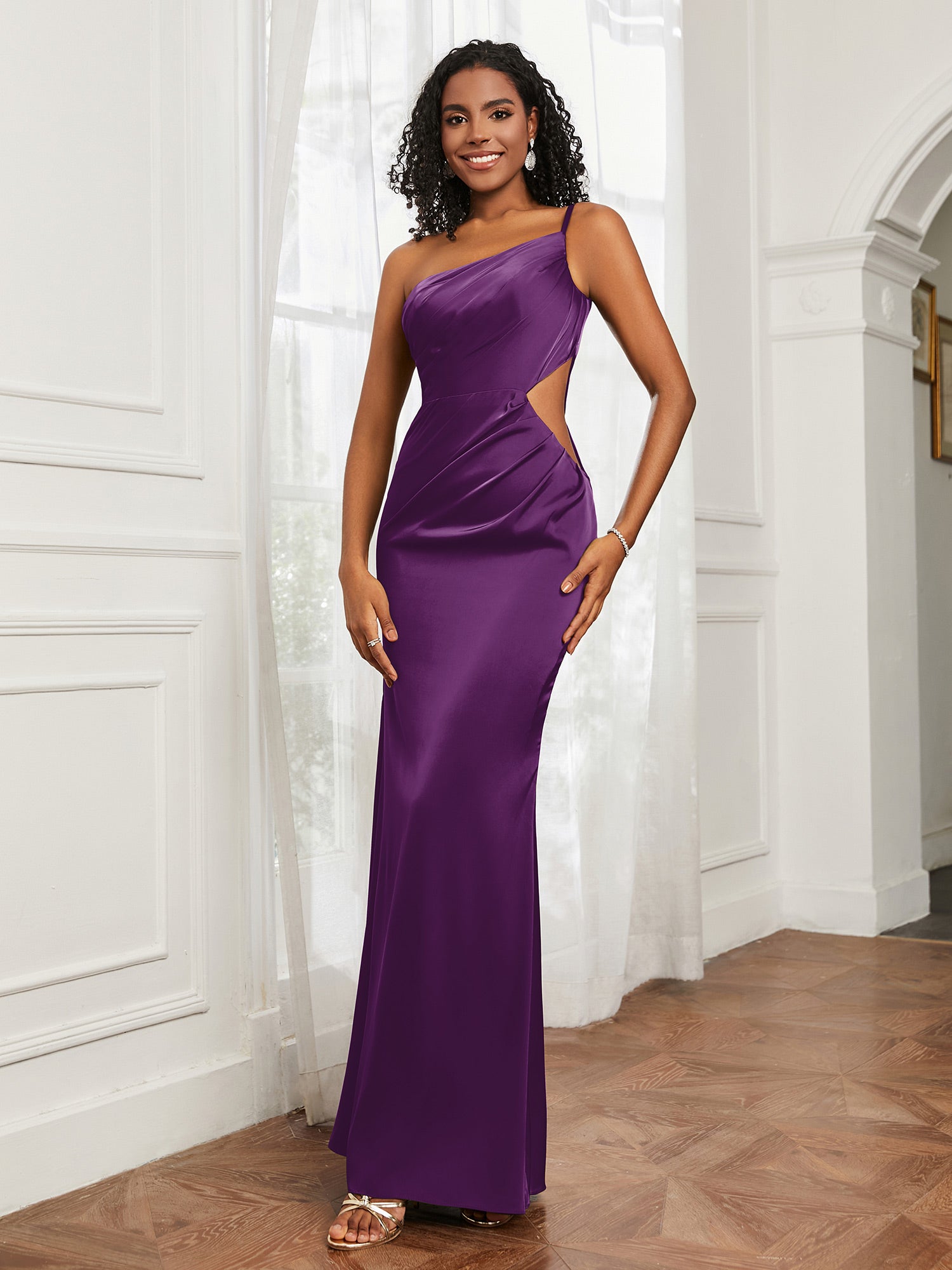 One Shoulder Stretch Satin Floor-Length Dress Grape